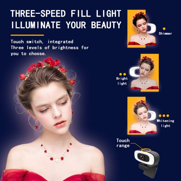 C10 2K HD Without Distortion 360 Degrees Rotate Three-speed Fill Light USB Free Drive Webcams, Bu...
