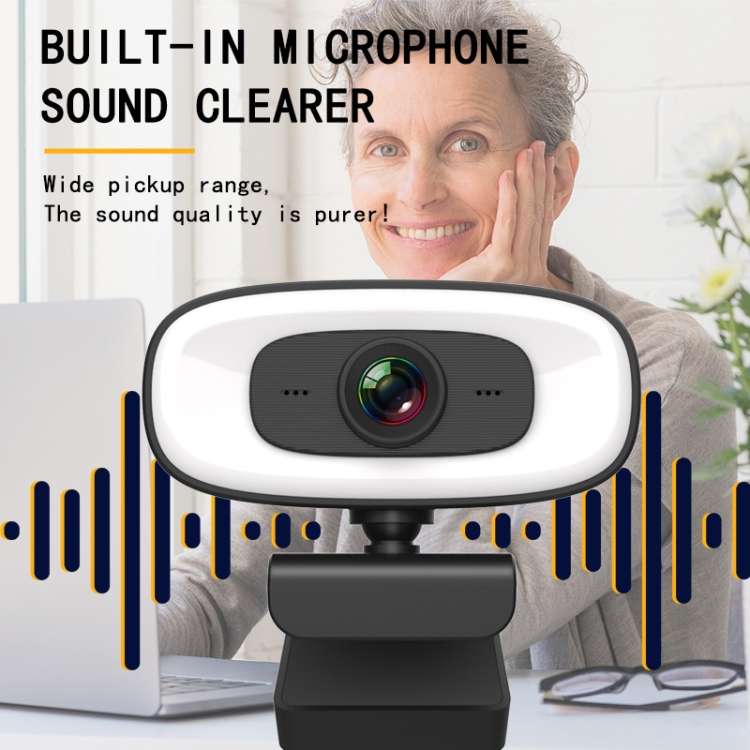 C10 2K HD Without Distortion 360 Degrees Rotate Three-speed Fill Light USB Free Drive Webcams, Bu...