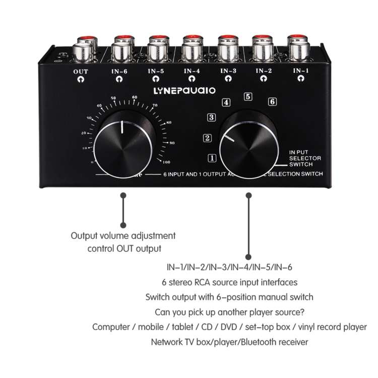 B016 6 Input 1 Output Audio Signal Source Selection Switcher, Output Volume Adjustment Control RC...