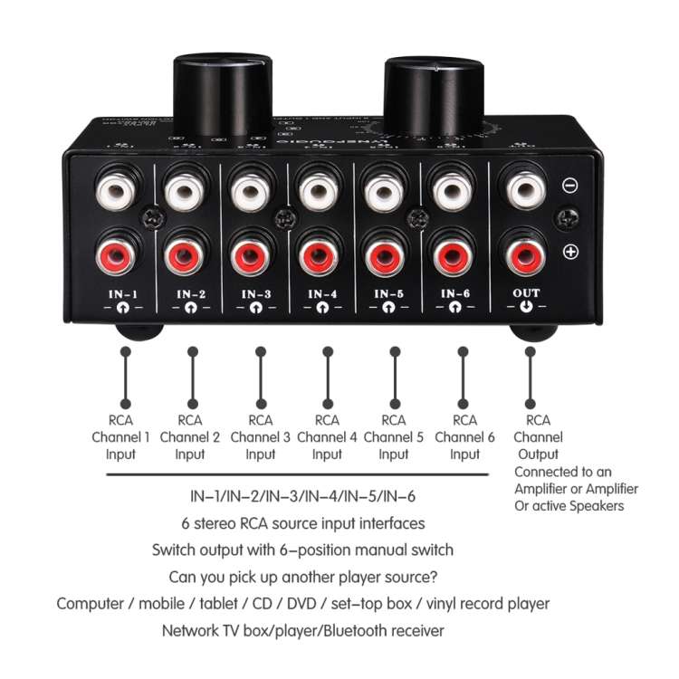 B016 6 Input 1 Output Audio Signal Source Selection Switcher, Output Volume Adjustment Control RC...