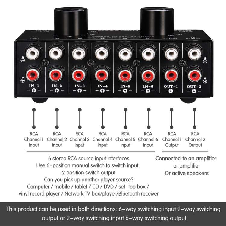 B026 6 Input 2 Output Or 2 Input 6 Output Audio Signal Source Selection Switcher RCA Port