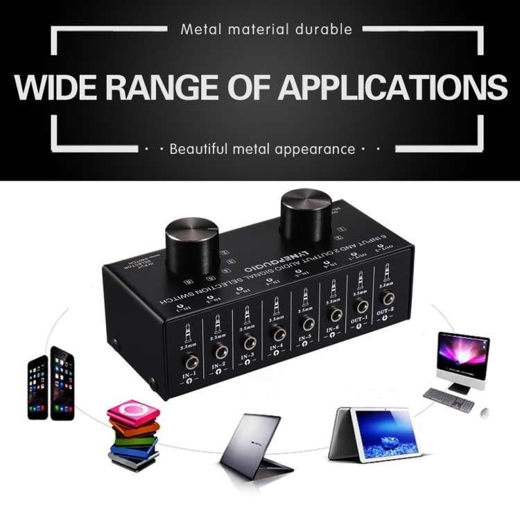 B027 6 input 2 output or 2 input 6 output audio signal source selection switcher 3.5mm interface
