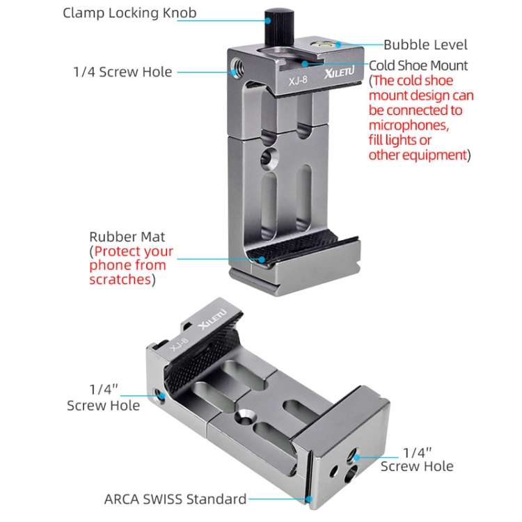 XILETU XJ-8 Aluminum Alloy Camera Head Tripod Mobile Phone Clip