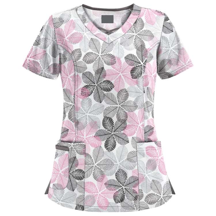 Mid-length Slim-fitting Printed Pullover Nurse Uniform V-neck T-shirt (Color:Pink Size:XXL), S, M...