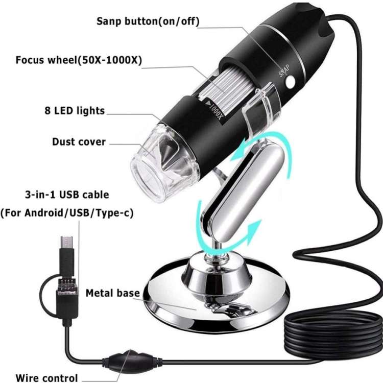 1600X Magnifier HD Image Sensor 3 in 1 USB Digital Microscope with 8 LED &amp; Professional Stand