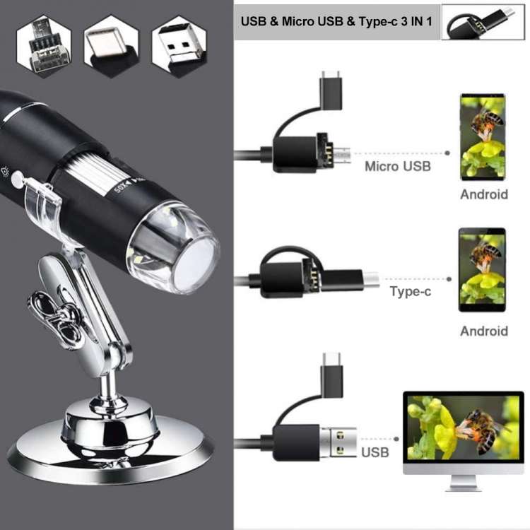 1600X Magnifier HD Image Sensor 3 in 1 USB Digital Microscope with 8 LED &amp; Professional Stand