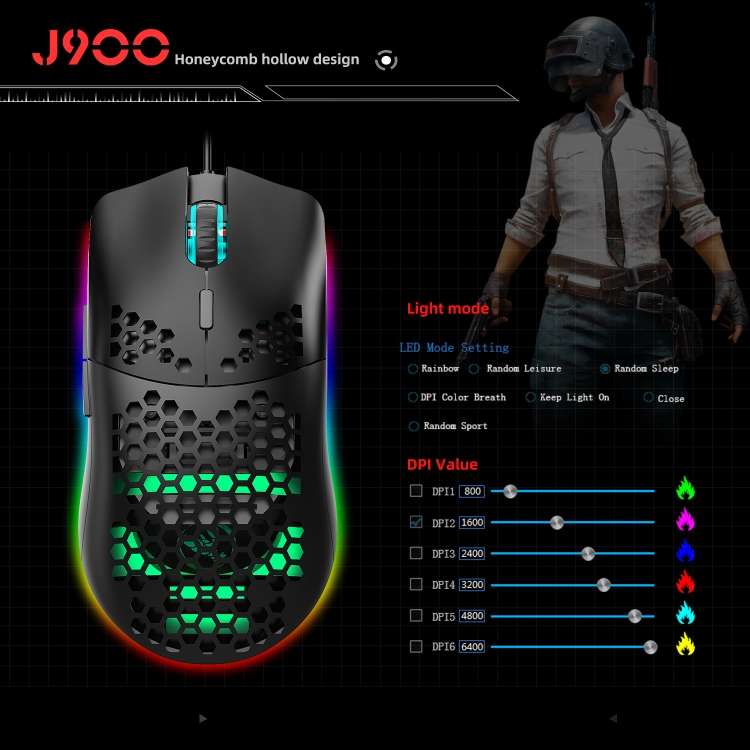 HXSJ J900 6 Keys RGB Lighting Programmable Gaming Wired Mouse (White), J900(Black), J900(White)