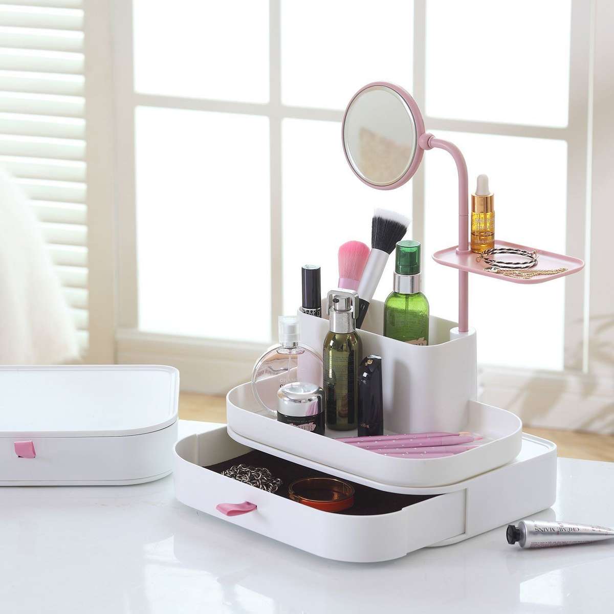 Stylish Makeup Organizer with Rotatable Mirror, Multi-functional Plastic Cosmetic Jewelry Drawer Box