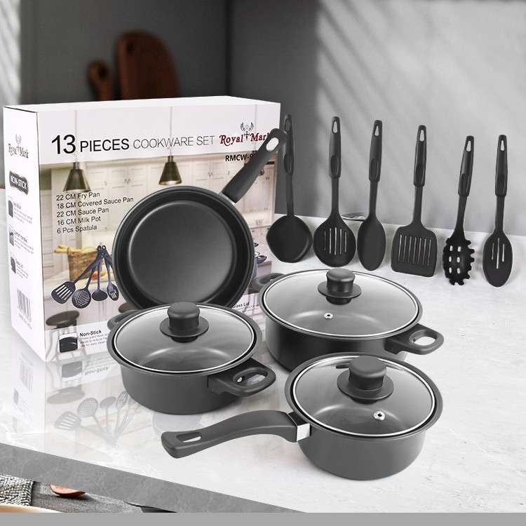 13-Black Cast Iron Kitchen Set with Non-stick Pan Flat and Durable Cooking Tools Transparent Lid