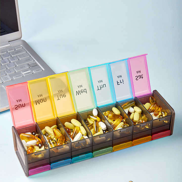 7-Day Weekly Pill Organizer Plastic Daily Medicine Box for Fish Oil Calcium Tablets Travel-Friendly