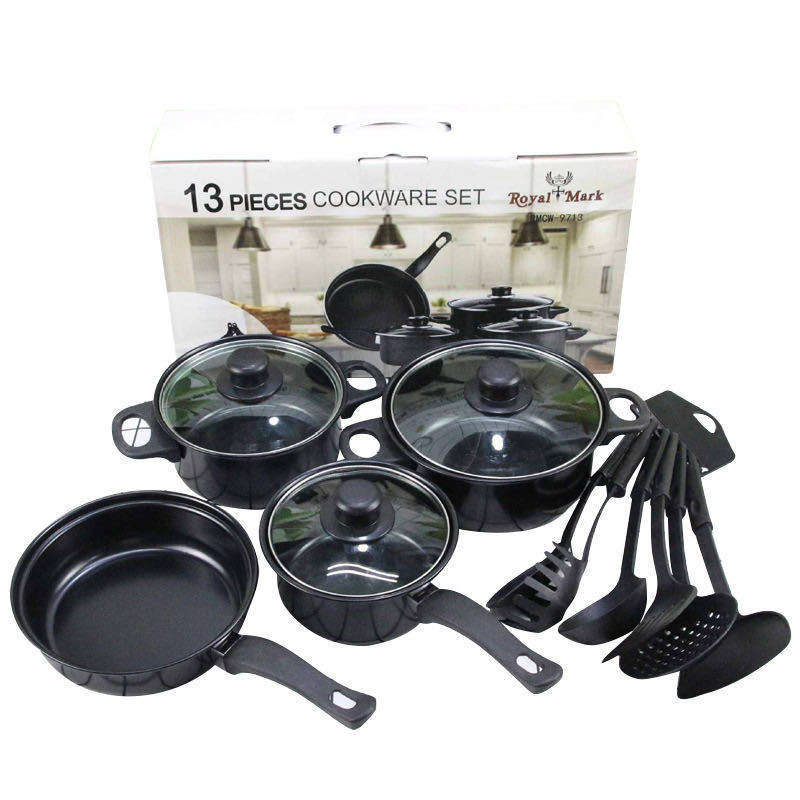 13-Black Cast Iron Kitchen Set with Non-stick Pan Flat and Durable Cooking Tools Transparent Lid