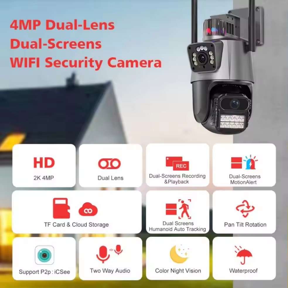 8K 16MP WIFI Camera 4 Lens 3 Screen PTZ 10X Zoom Two Way Audio Color Night Vision Outdoor Home CCTV