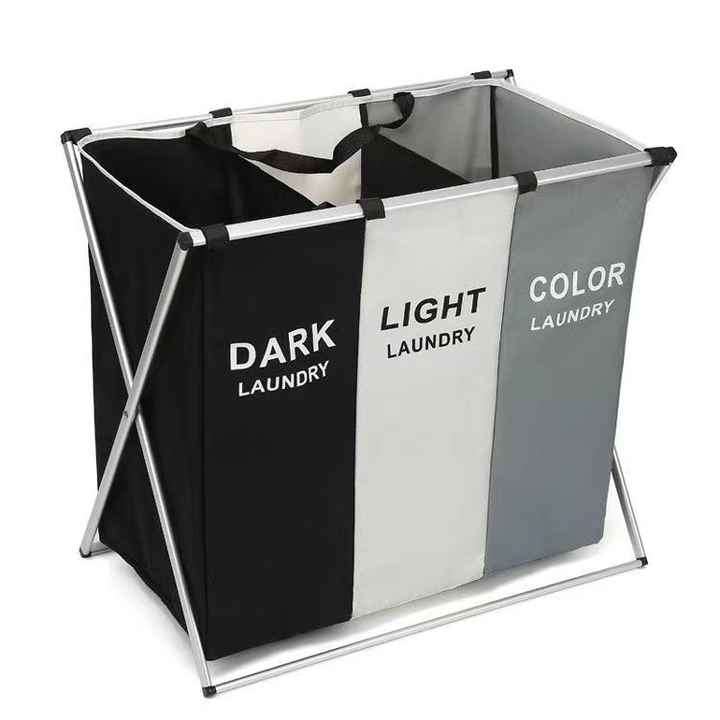 Laundry Basket Hamper 3 Section Dirty Clothes Hamper with Mesh Cover Foldable Aluminum Frame Laundry