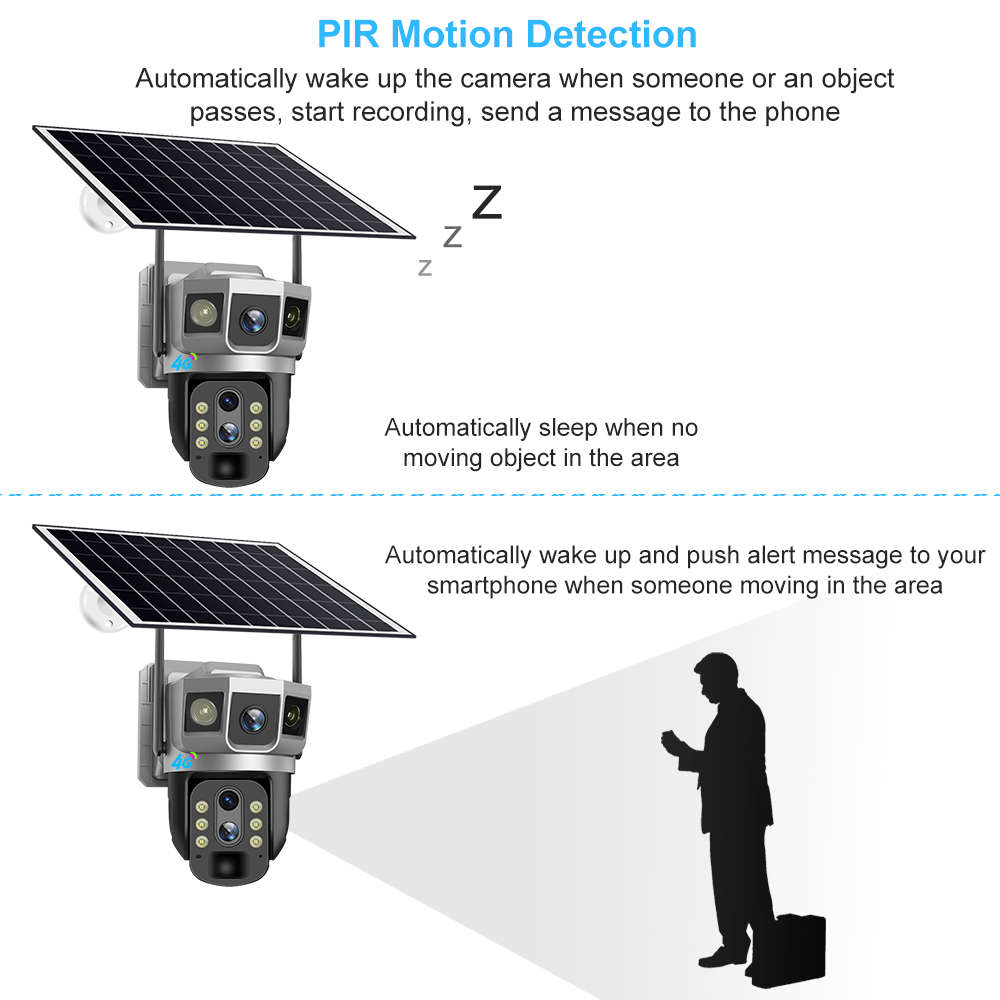 Dual Lens V380 Pro Solar Powered Surveillance Security PTZ CCTV Camera Wireless Outdoor WiFi 4G Sim