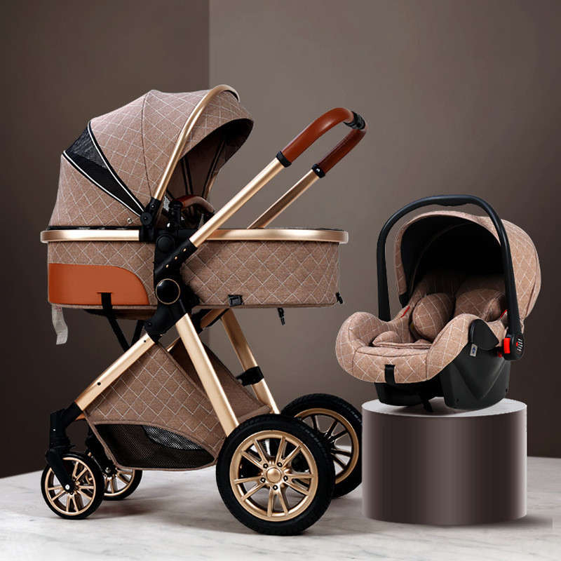 Multi-Functional 3 in 1 High Eggshell Pram and Folding Baby Stroller- navy blue-Brown-Beige