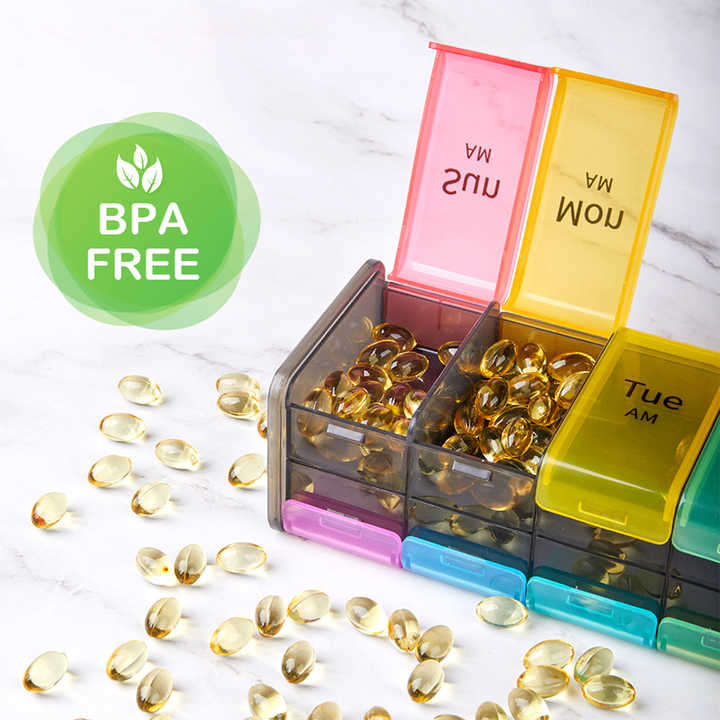 7-Day Weekly Pill Organizer Plastic Daily Medicine Box for Fish Oil Calcium Tablets Travel-Friendly