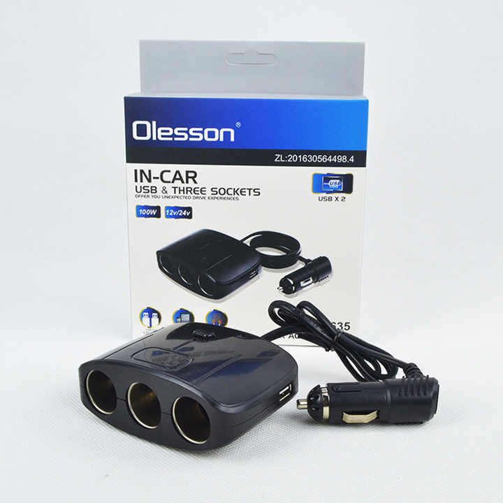 Olesson 1635 12-24V 100W Dual USB 3 Socket Car Charger with ON/OFF Switch Car Charger Adapter