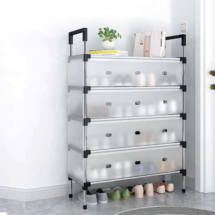 Stainless Steel Shoe Organizer - 4-Shelf, Sturdy & Durable Free Standing Shoe Rack for Entryway & Ou