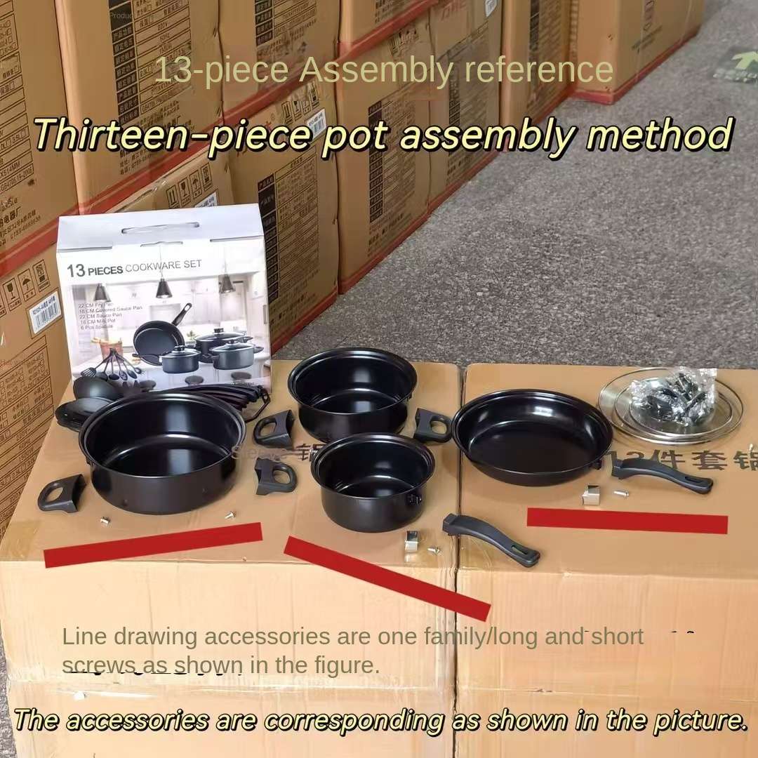 13-Black Cast Iron Kitchen Set with Non-stick Pan Flat and Durable Cooking Tools Transparent Lid