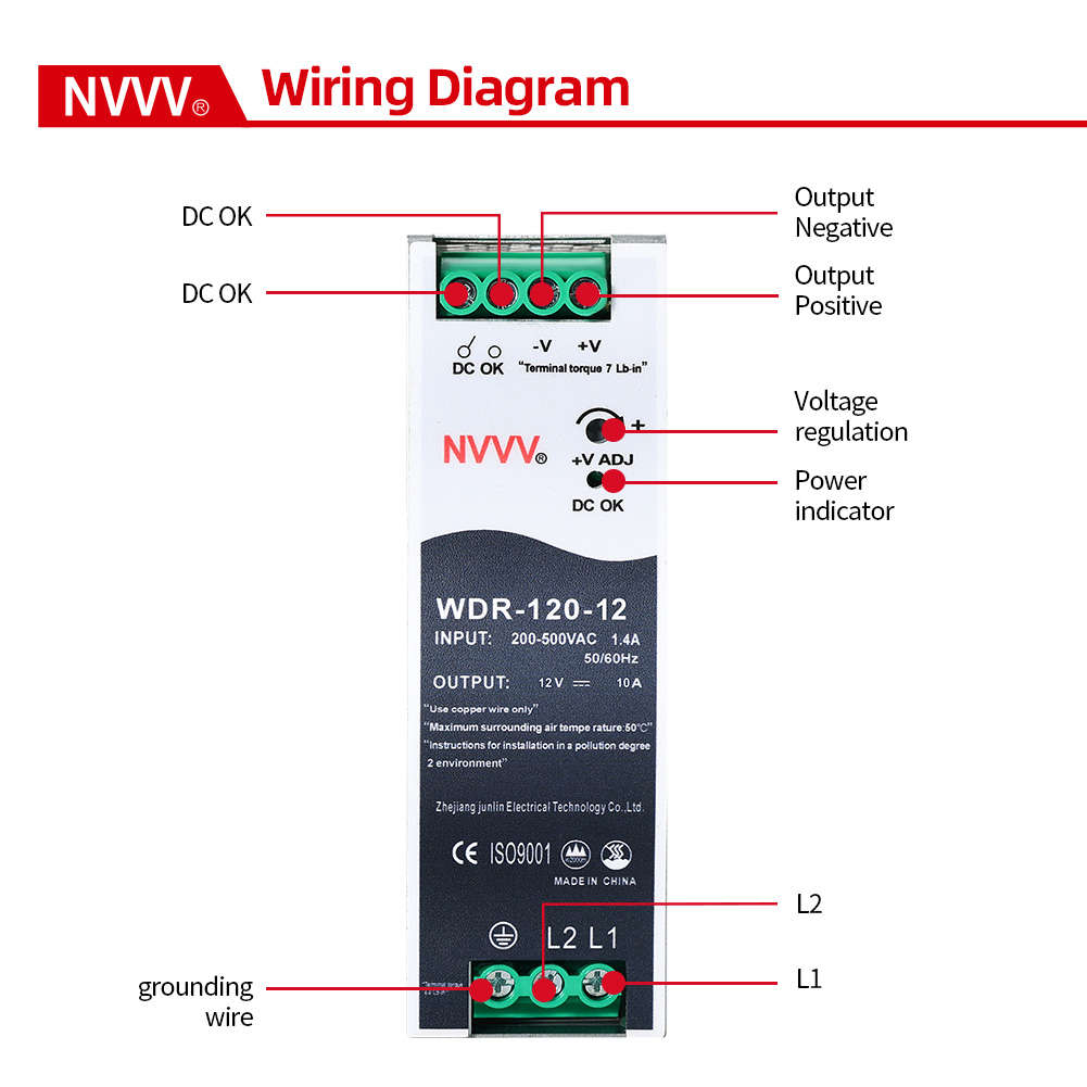 100pcs WDR-120-12 12V 10A 200-500VAC Wide Input Power Dc Power Supply Din Rail Slim Power