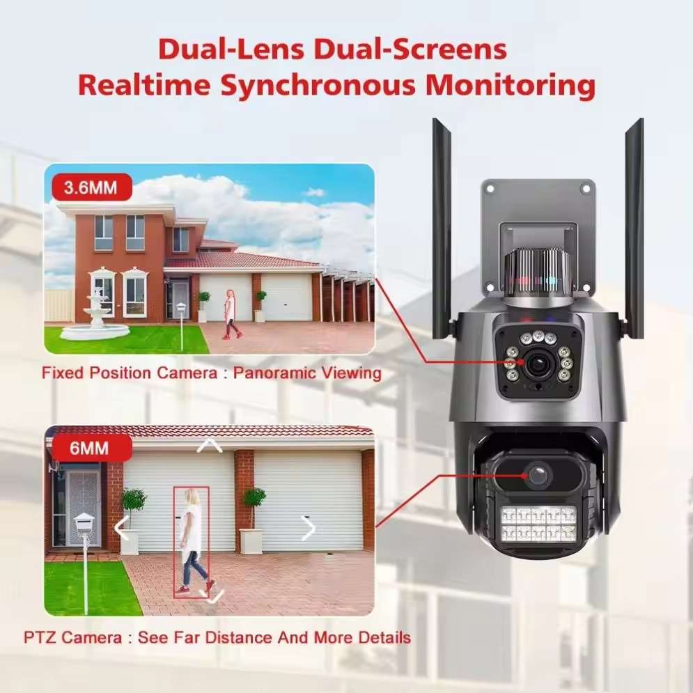 8K 16MP WIFI Camera 4 Lens 3 Screen PTZ 10X Zoom Two Way Audio Color Night Vision Outdoor Home CCTV