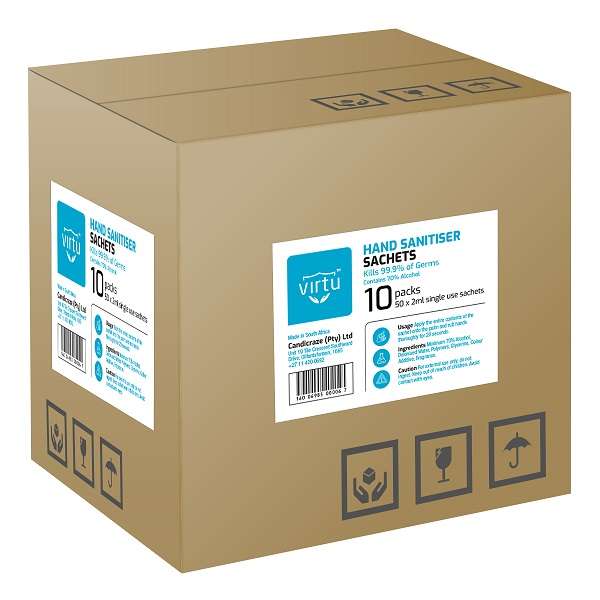 Virtu Hand Sanitiser Sachets | 500 x 2ml Single-use sachets