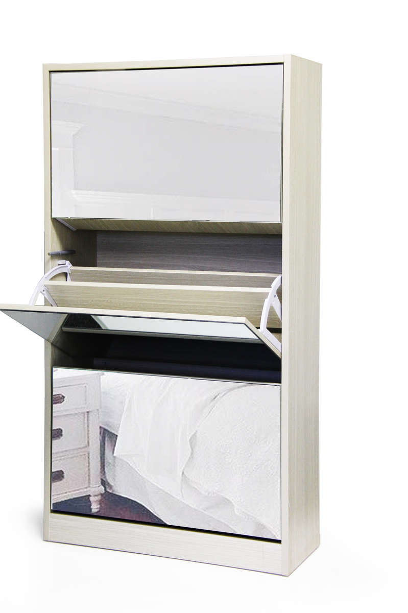Fine Living Mirror Shoe Cabinet - 3 Tier - Grey/Wh