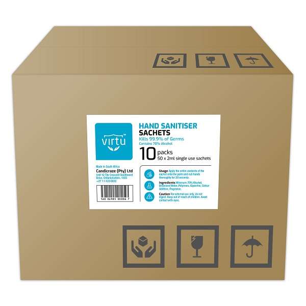 Virtu Hand Sanitiser Sachets | 500 x 2ml Single-use sachets