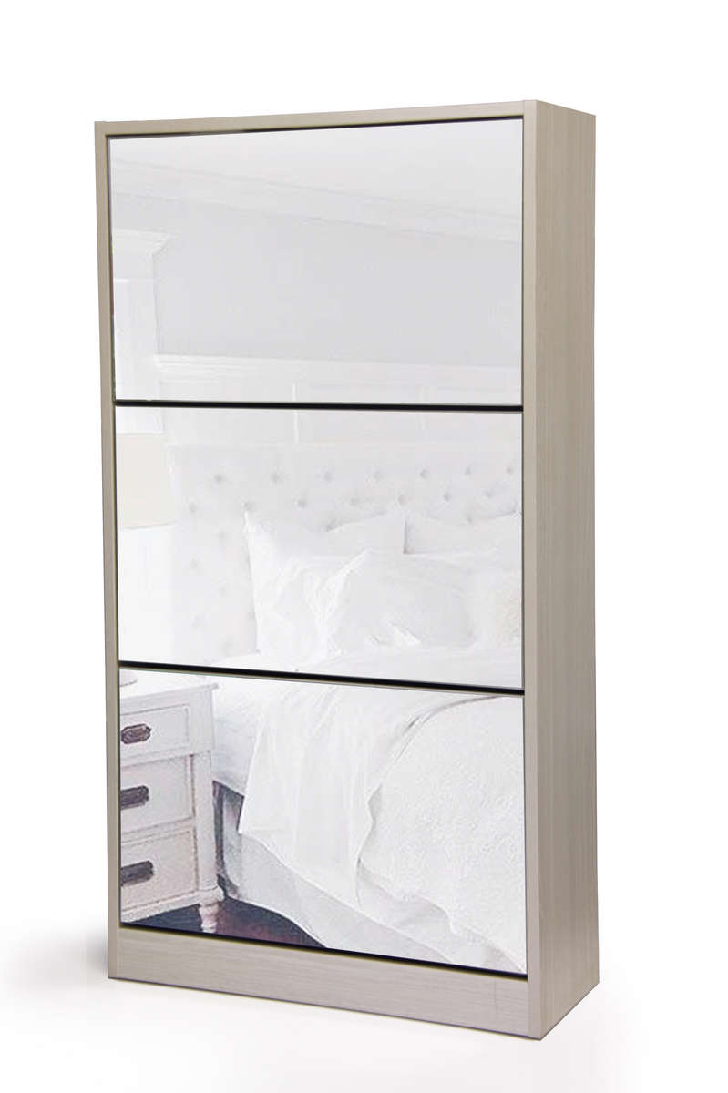 Fine Living Mirror Shoe Cabinet - 3 Tier - Grey/Wh