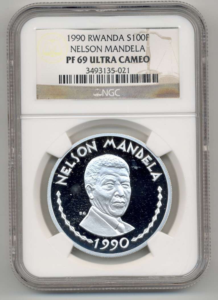Nelson Mandela RWANDA *** Silver 100 Francs - 1990 *** PF69 UC *** 2nd Highest Grade