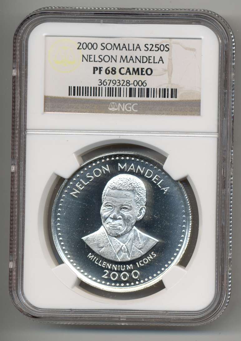 2000 *** SILVER 250 Shillings *** PF68 CAMEO *** Somalia - Nelson Mandela - Millenium Icon