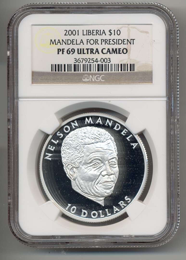 "MANDELA for President" *** SILVER $10 *** PF69 UC *** Liberia 2001