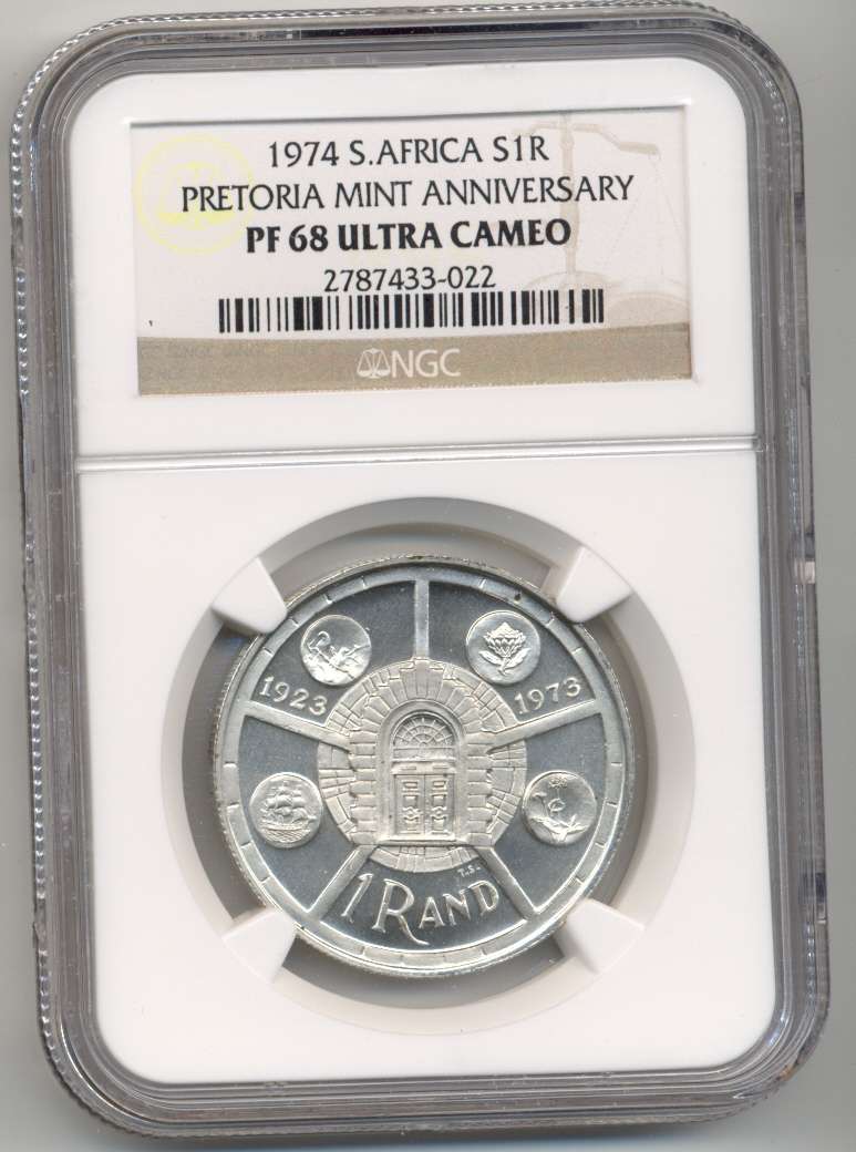 1974 *** SILVER R1 *** PF68 UC *** Pretoria Mint Anniversary, 2nd highest grade