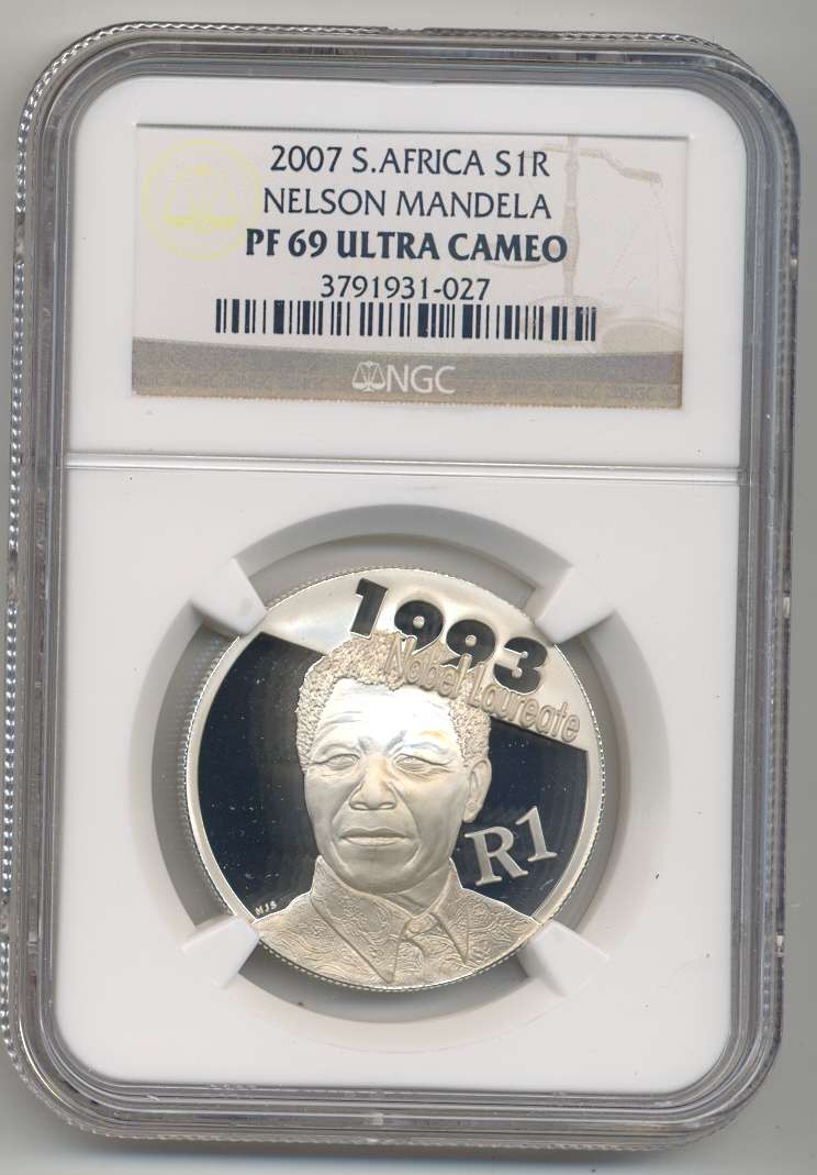 SILVER 1 RAND SALE *** 2007 MANDELA Nobel Laureate - PF69 Ultra Cameo *** 2nd Highest Grade