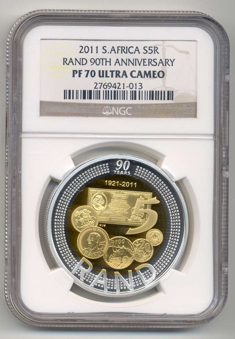 2011 - SARB 90th Anniversary Bi-Metal R5 Crown - PF70 UC - Highest - Sterling Silver & Gold-Plating