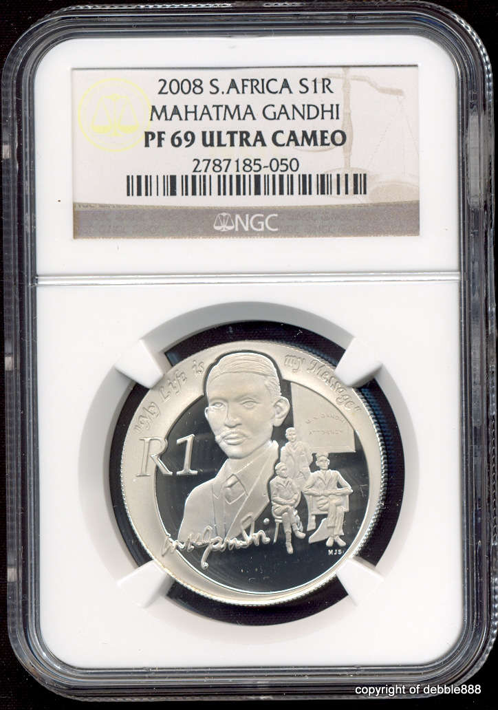 SILVER 1 RAND *** 2008 MAHATMA GANDHI - PF69 Ultra Cameo *** 2nd highest grade