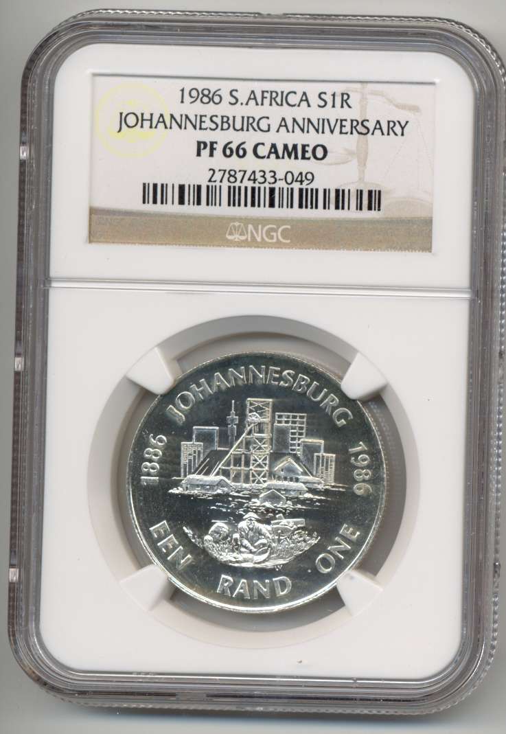 SILVER R1 SALE *** 1986 Johannesburg Anniversary - PF66 CAMEO *** only 7 better *** cameo more rare