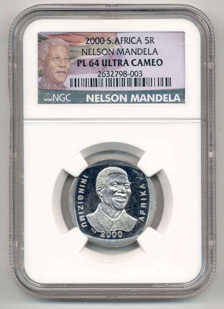 2000 South Africa Nelson Mandela "Smiley" R5 Coin PL 64 Ultra Cameo - New Label