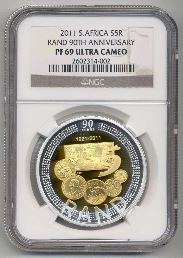 2011 *** Silver R5 *** PF69 UC *** SARB 90th Anniversary Bi-Metal crown *** silver & gold-plating