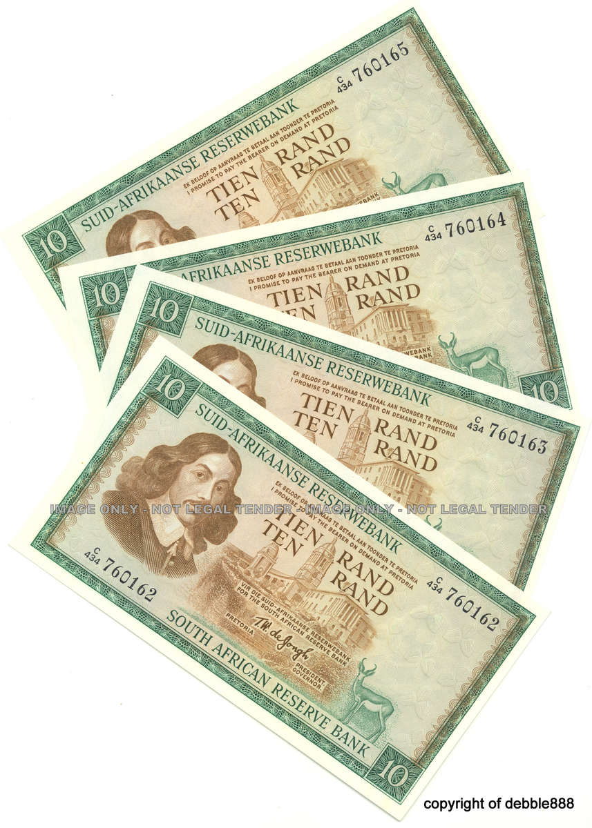 1975 TW DE JONGH - 4 x R10 * 3rd Issue * A/E (C434) - in seq - UNC=R150 - BID per NOTE to take all 4