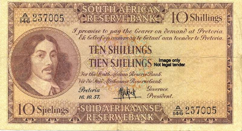 10 shilling 3rd issue *** MH de Kock *** F *** Centre and middle folds