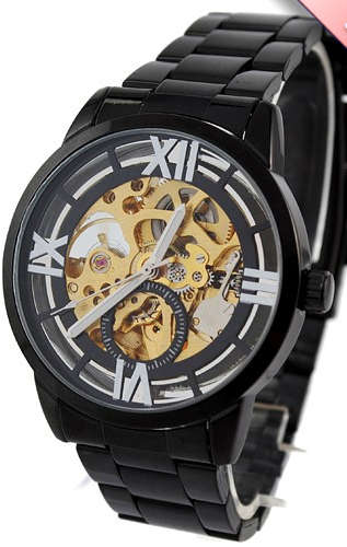 Rare Black Stainless Steel Watch Mens Auto Mechanical Golden Skeleton Gift Watch