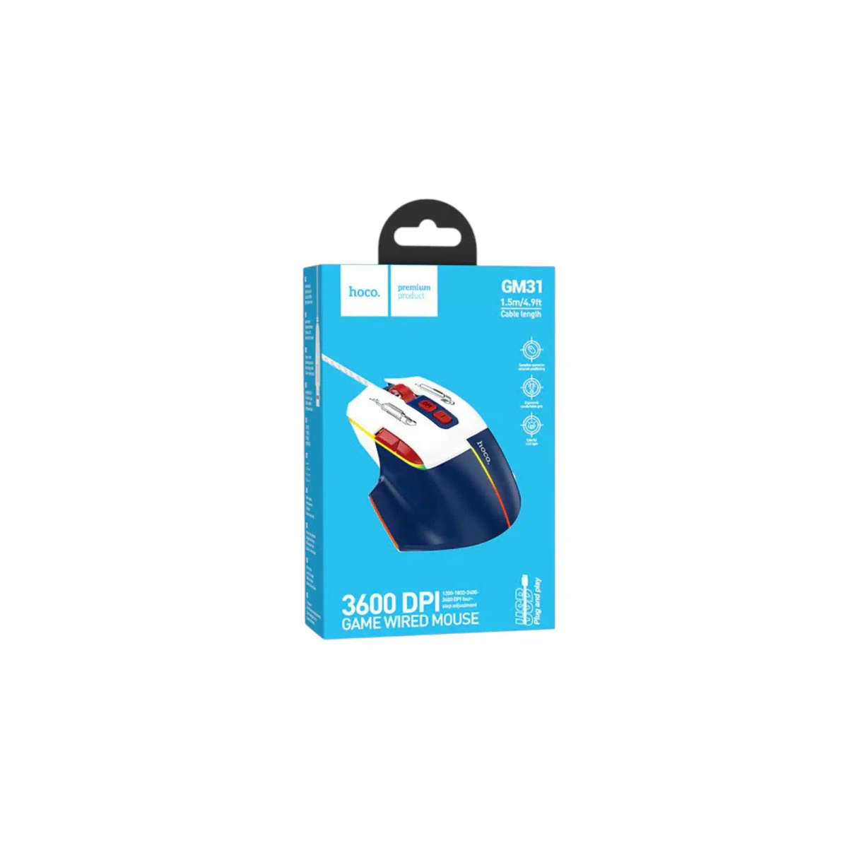 Hoco GM31 Glory 4-Step 3600 DPI Wired RGB Gaming Mouse White & Blue Edition