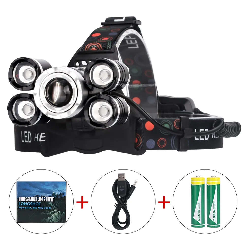 Super Bright 5 Led Headlamp XML T6+4Q5 18650 USB Rechargeable High Power Led Headlamp