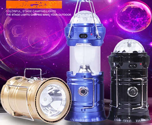 Cool camping lights with disco light ball 1w+6 led+3 color led solar lantern