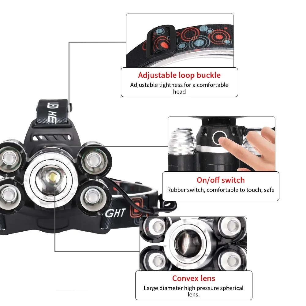 Super Bright 5 Led Headlamp XML T6+4Q5 18650 USB Rechargeable High Power Led Headlamp