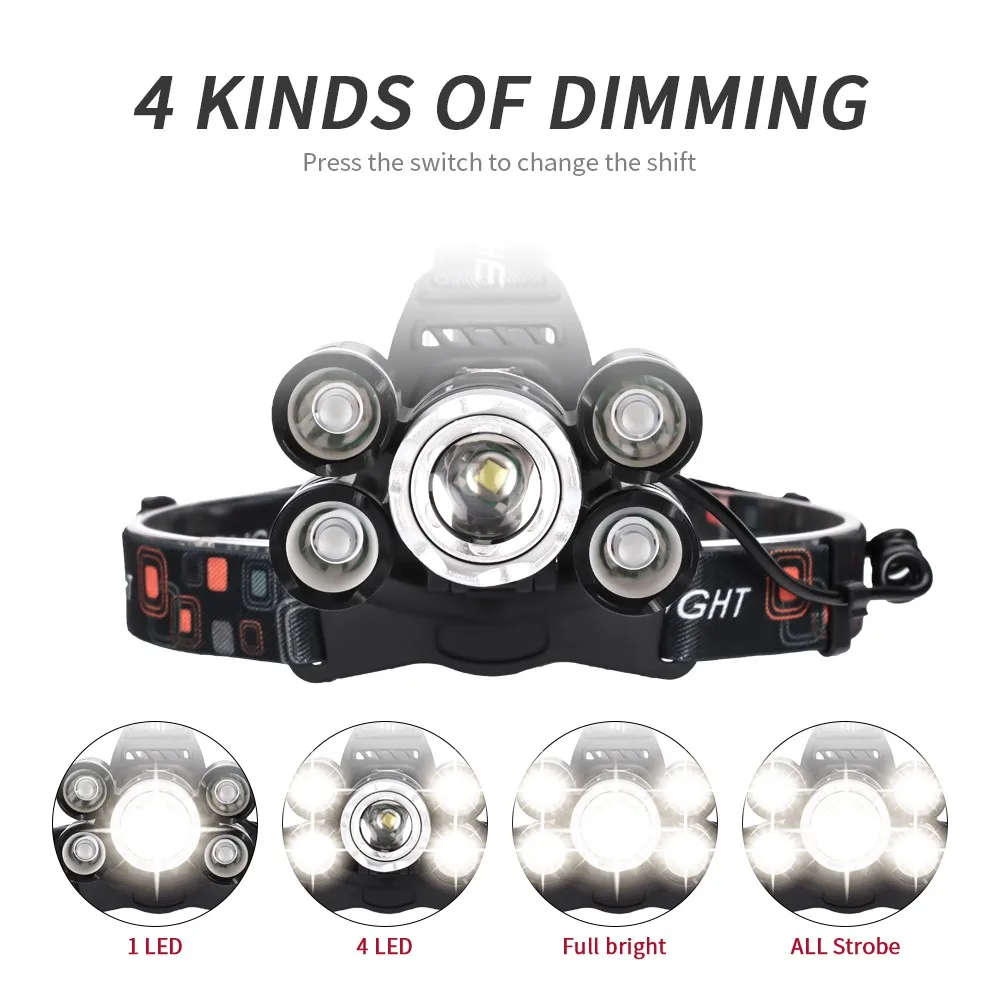 Super Bright 5 Led Headlamp XML T6+4Q5 18650 USB Rechargeable High Power Led Headlamp