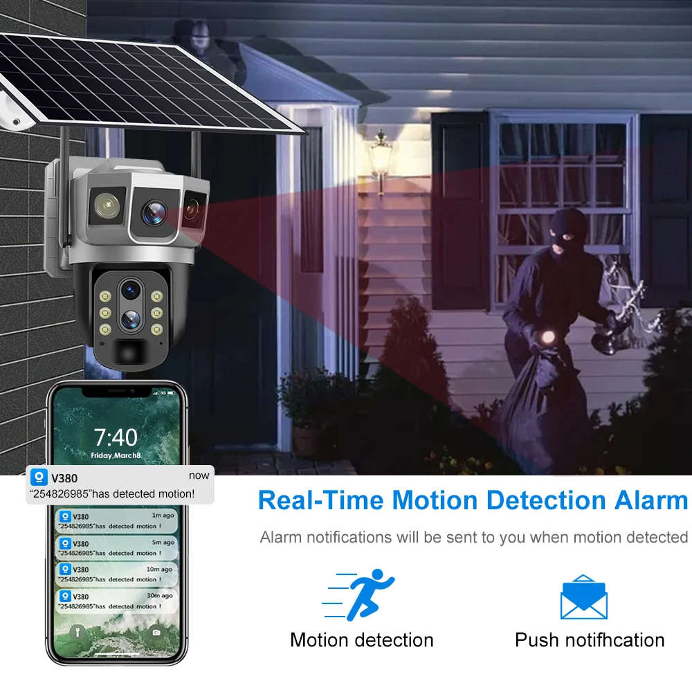 Dual Lens V380 Pro Solar Powered Surveillance Security PTZ CCTV Camera Wireless Outdoor WiFi 4G Sim
