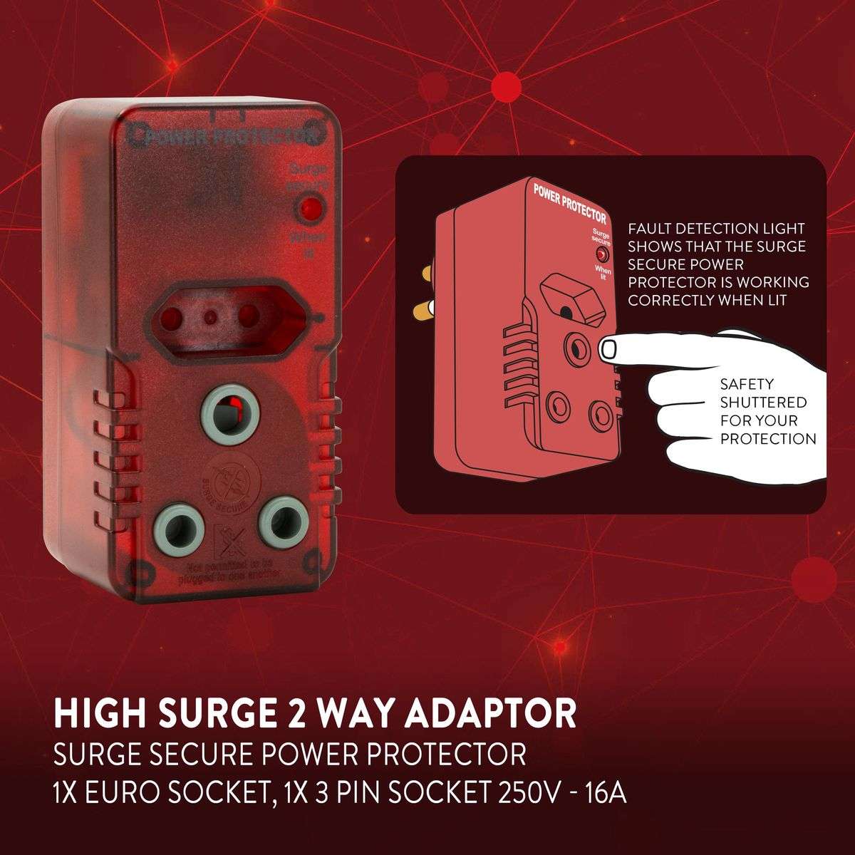 Ellies High Surge Protection Adaptor 1× 16A (3-Pin) + 1× 5A (Euro)