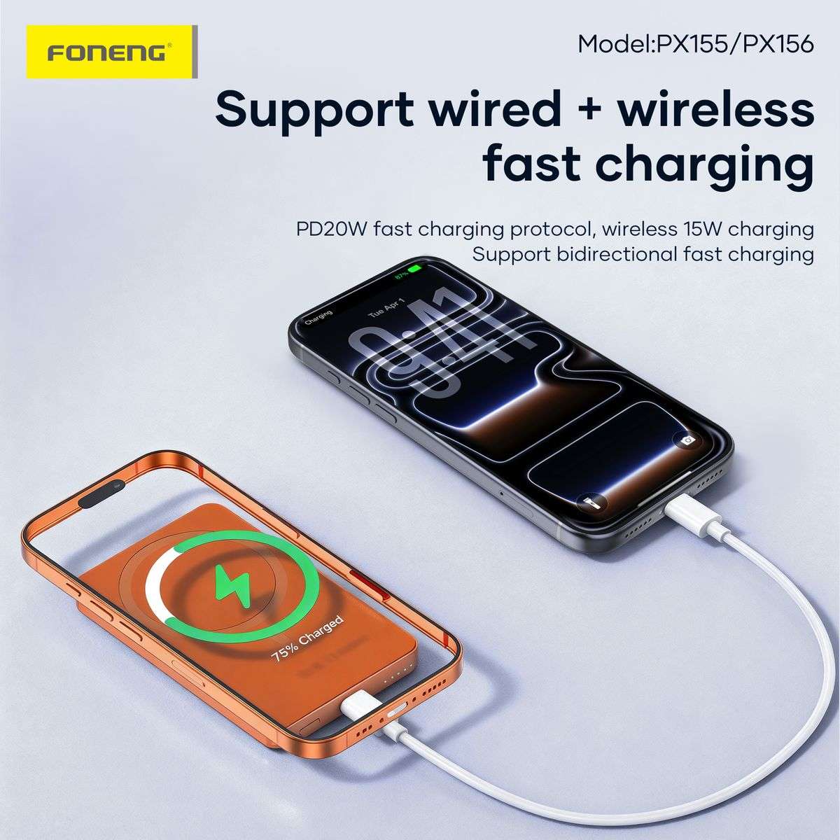 Foneng Px156 Ultra Thin fast Charging Wireless Power Bank - Orange